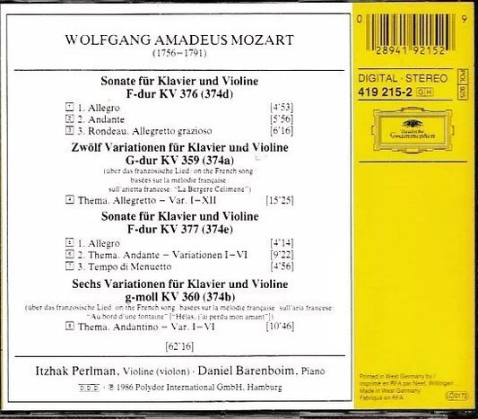 MCD- CD MOZART - VIOLINSONATEN BARENBOIM PERLMAN DEUTSCHE GRAMMOPHON - ZCD12