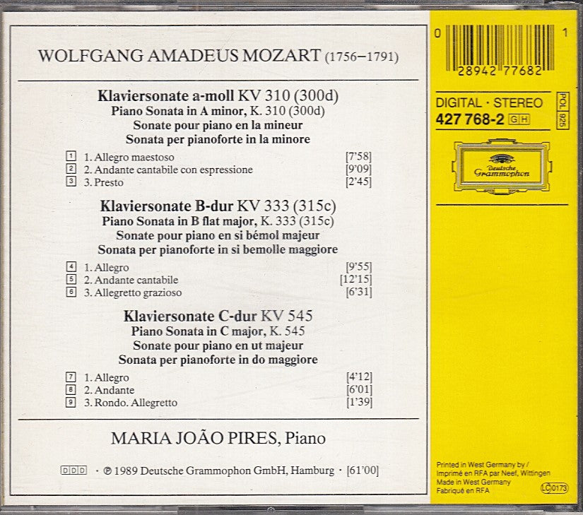 MCD- CD MOZART KLAVIERSONATEN K310 K333 K545 PIRES DEUTSCHE GRAMMOPHON - ZCD6