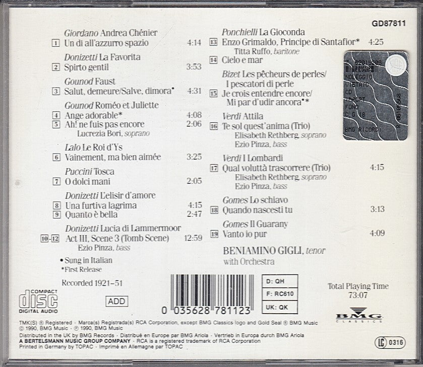 MCD- CD GIGLI DONIZETTI PUCCINI PONCHIELLI GOUNOD RCA - ZCD4