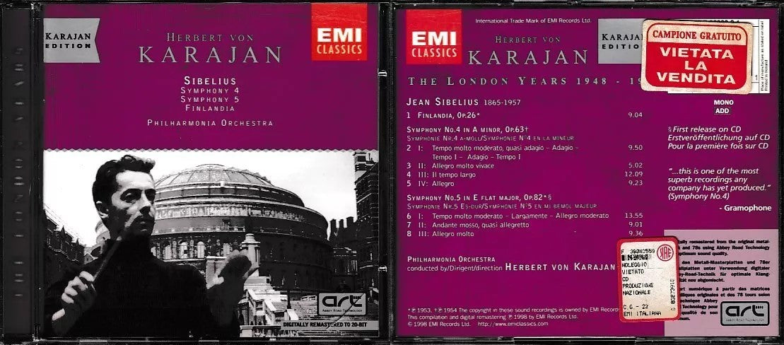 MCD- CD SIBELIUS SYMPHONY 4 5 FINALNDIA KARAJAN PHILHARMONIA ORCH. EMI - ZCD18