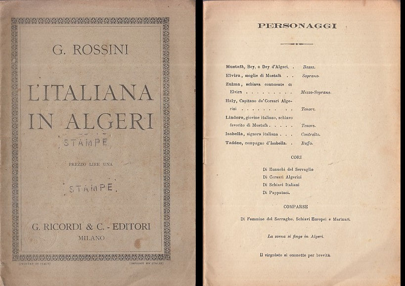 LT- LIBRETTO L'ITALIANA IN ALGERI- ROSSINI - RICORDI ANELLI --- 1900 - S- YDS470