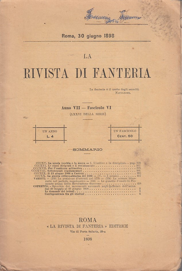 LR- LA RIVISTA DI FANTERIA FASCICOLO VI-- ROMA--- 1898- S- YDS161