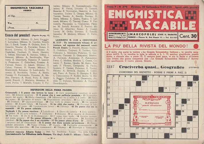 LZ- ENIGMISTICA TASCABILE N.238 ANNO V 1939 XVII -- MARCOPOLO--- 1939- S- XDS15