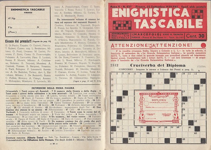 LZ- ENIGMISTICA TASCABILE N.237 ANNO V 1939 XVII -- MARCOPOLO--- 1939- S- XDS15