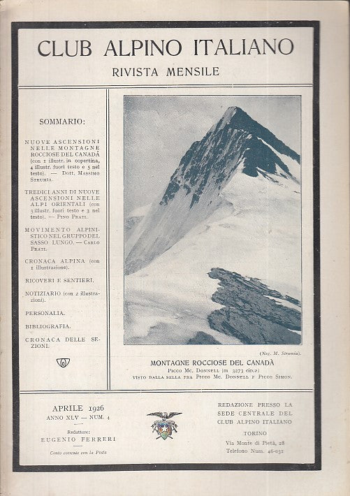 LR- RIVISTA MENSILE CLUB ALPINO ITALIANO N.4 ANNO XLV ----- 1926 - S - XDS20