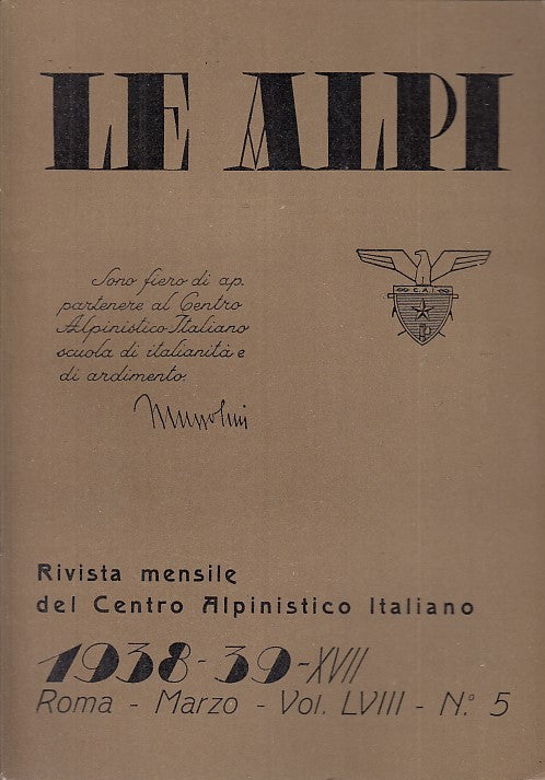LR- RIVISTA MENSILE CENTRO ALPINISTICO LE ALPI N.5 1938/39 ----- 1939- B- XDS20