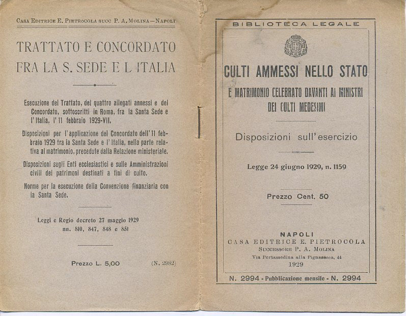 LH- BIBLIOTECA LEGALE CULTI AMMESSI NELLO STATO-- PIETROCOLA--- 1929- S- YFS133