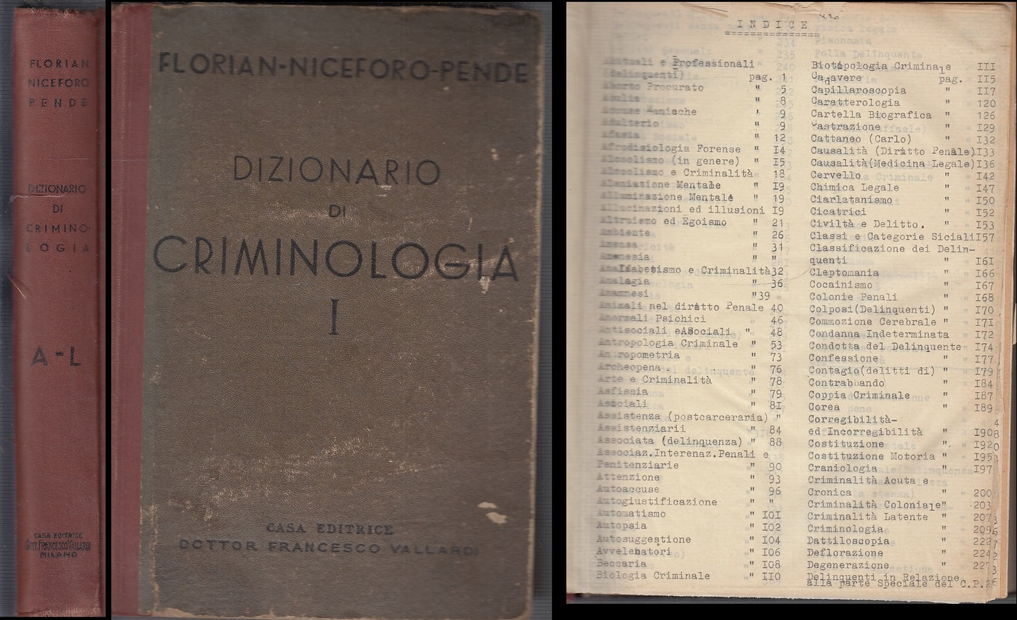 LZ- DIZIONARIO CRIMINOLOGIA - FLORIAN NICEFORO PENDE- VALLARDI--- 1943 -- XFS140