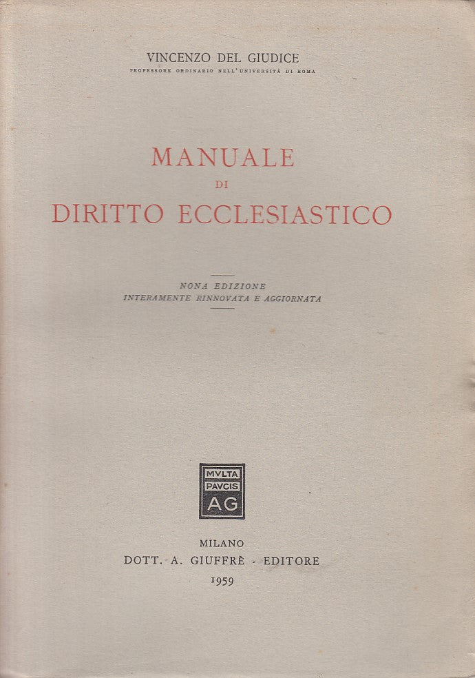 LZ- MANUALE DI DIRITTO ECCLESIASTICO- DEL GIUDICE- GIUFFRE'--- 1959 - B - ZFS318