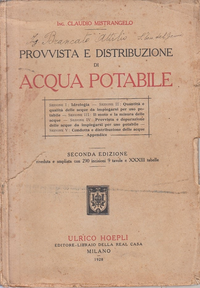 LZ- PROVVISTA E DISTRIBUZIONE DI ACQUA POTABILE - HOEPLI ---- 1928 - B - YFS191