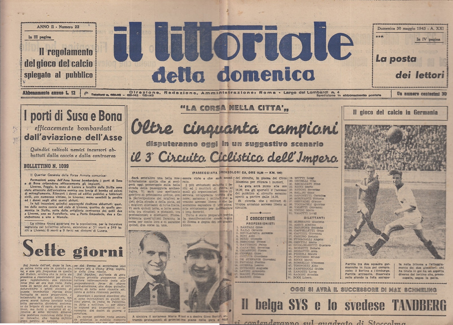 LR- GIORNALE IL LITTORIALE DELLA DOMENICA 30 MAGGIO 1943 XXI ----- 1943-- XFS143