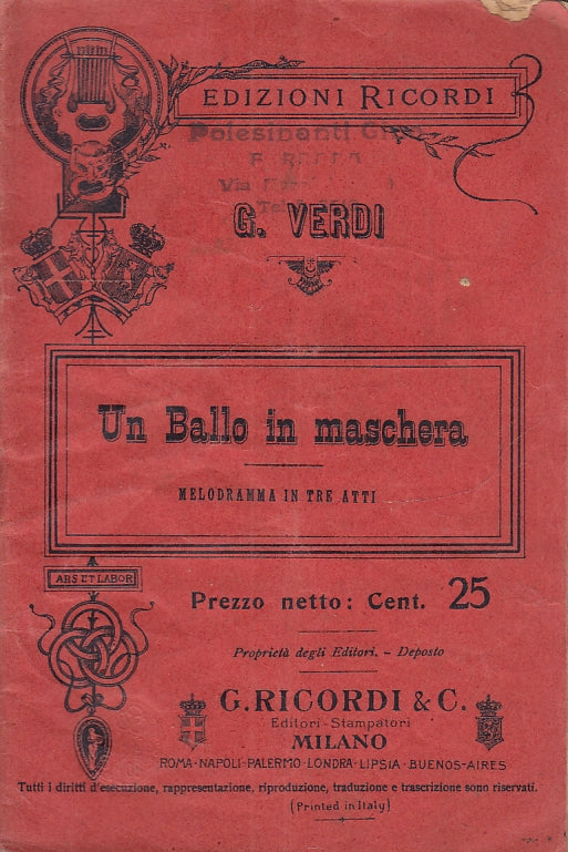 LH- LIBRETTO D'OPERA UN BALLO IN MASCHERA - VERDI - RICORDI--- 1900- S- XFS56