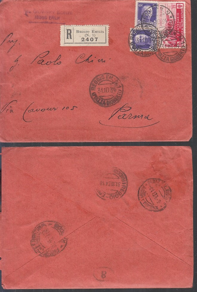 CC- BUSTA RACCOMANDATA AFFRANCATA 1934 REGGIO EMILIA PARMA VIAGGIATA- XFS65 RFX5