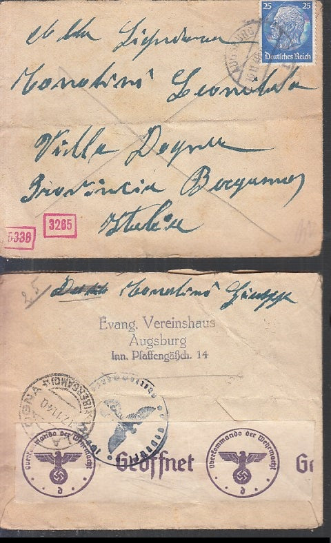CC- BUSTA TIMBRO CENSURA POSTALE REICH 1940 GEOFFNET AUSBURG BERGAMO XFS65 RFX55