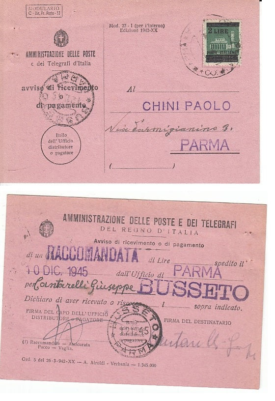 CC- CARTOLINA POSTA RACCOMANDATA AVVISO RICEVIMENTO PAGAMENTO 1942 - XFS65 RFX92