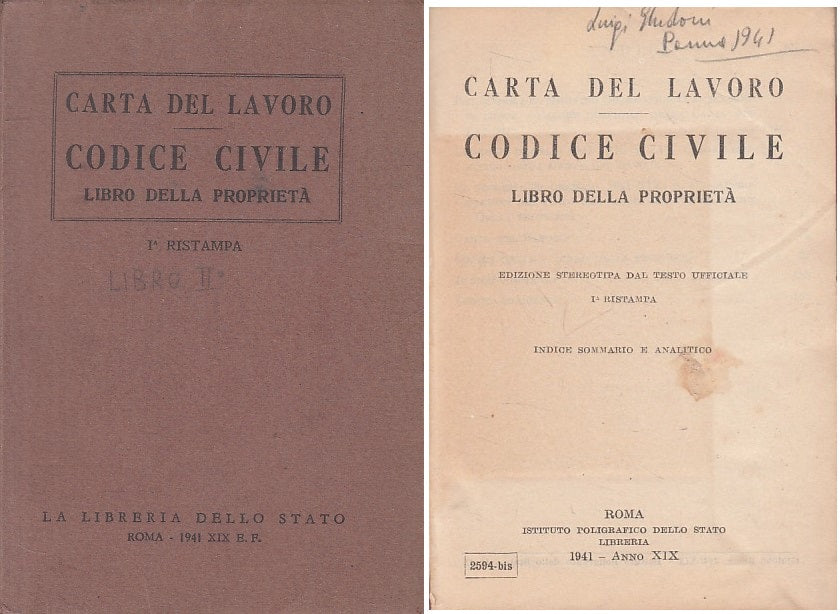 LS- CARTA DEL LAVORO CODICE CIVILE LIBRO PROPRIETA' -- ROMA--- 1941 - BS- ZFS451