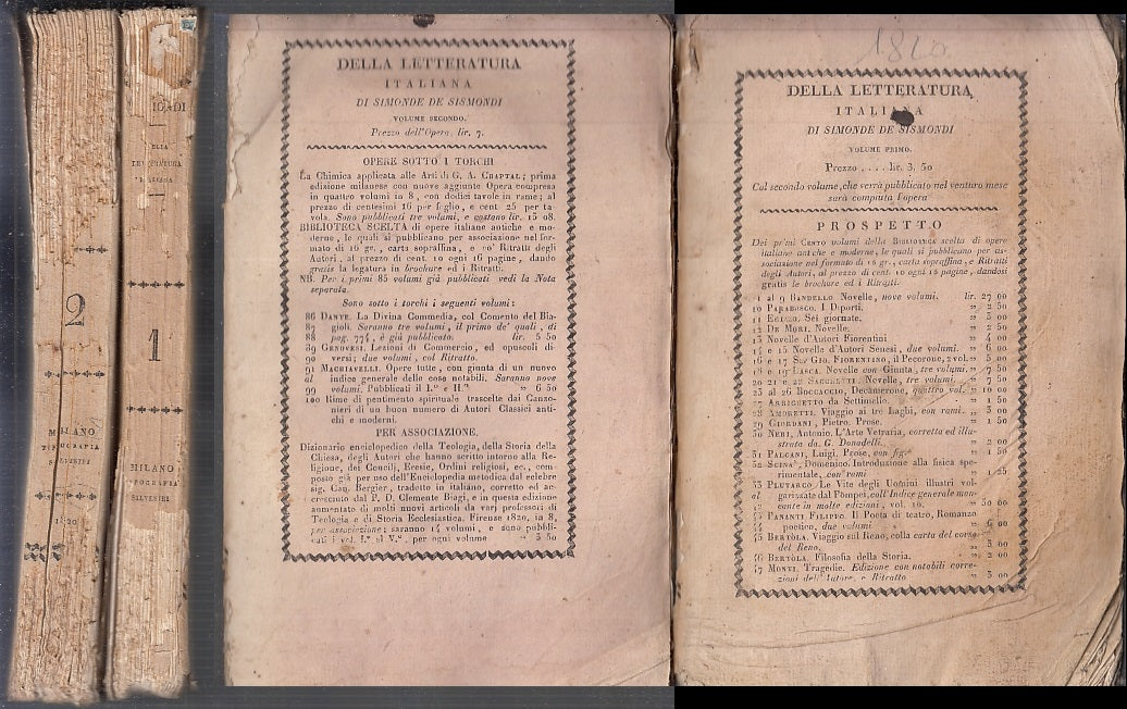 LN- DELLA LETTERATURA ITALIANA 2 VOLUMI - SIMONDE DE SISMONDI---- 1820 -- XFS146