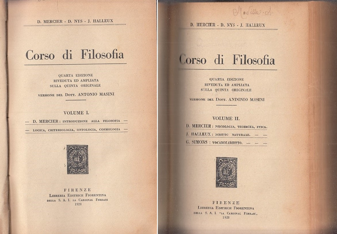 LS- CORSO FILOSOFIA VOL. I II - MERCIER- LIB. ED. FIORENTINA--- 1928- C- YFS738
