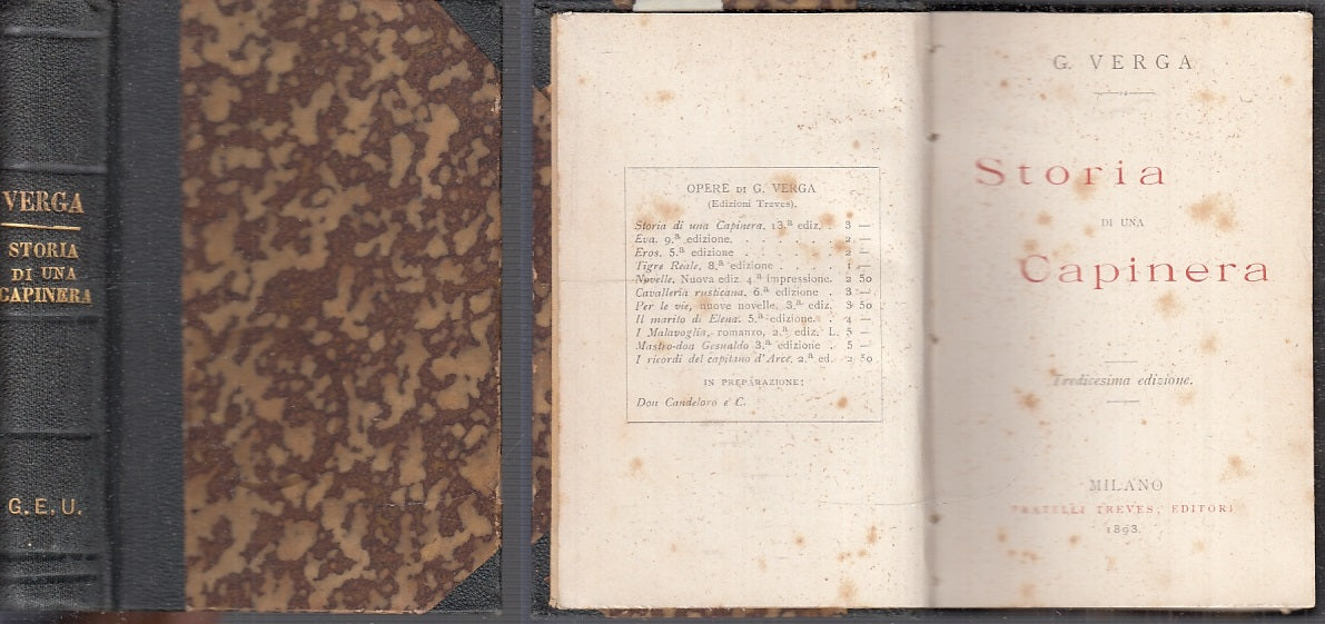 LN- STORIA DI UNA CAPINERA - GIOVANNI VERGA - FRATELLI TREVES --- 1893 - C - XFS98