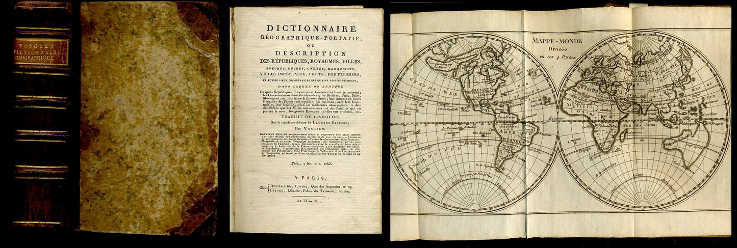 LH- DICTIONNAIRE GEOGRAPHIQUE PORTATIF CON CARTINE -- DELALAIN--- 1801- C- XFS98