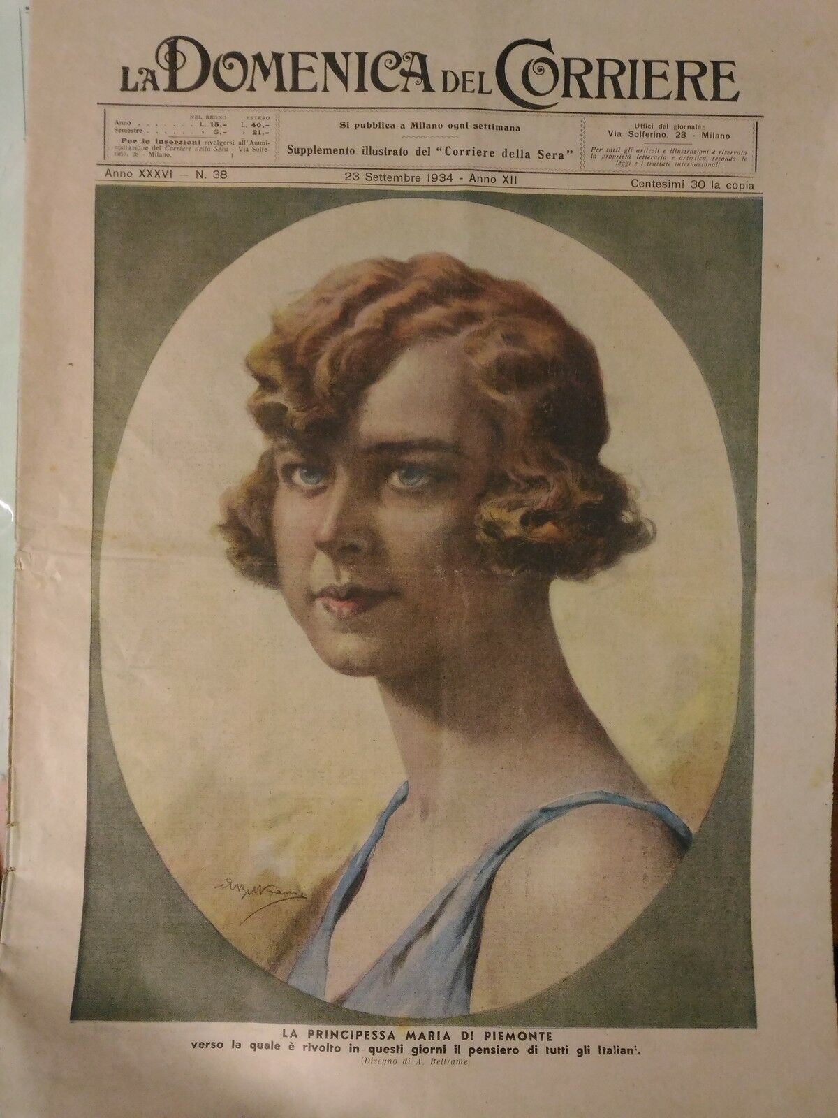 LR- LA DOMENICA DEL CORRIERE N.38 MARIA DI PIEMONTE------ 1934- S- YFS