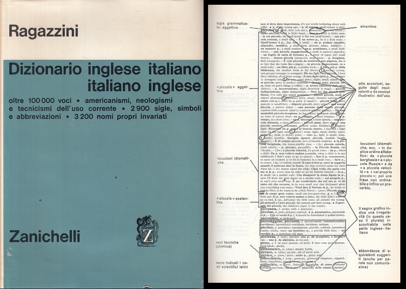 LZ- DIZIONARIO INGLESE ITALIANO - RAGAZZINI - ZANICHELLI --- 1967 - CS - YFS23