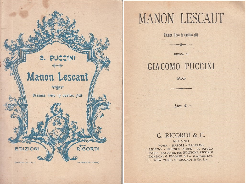 LZ- MANON LESCAUT PUCCINI LIBRETTO D'OPERA -- RICORDI --- 1893 - S - ZFS210