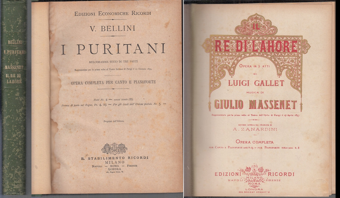LH- I PURITANI IL RE DI LAHORE - BELLINI MASSANET - RICORDI --- 1899 - C-YFS527