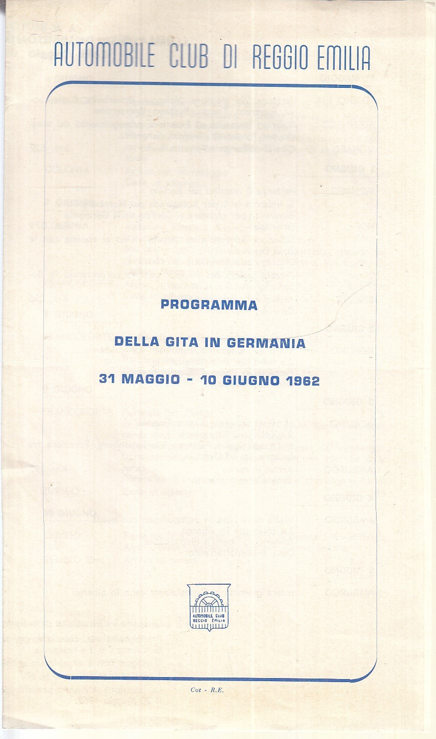 CV- AUTOMOBILE CLUB REGGIO EMILIA PROGRAMMA DELLA GITA IN GERMANIA 1962 - XFS111