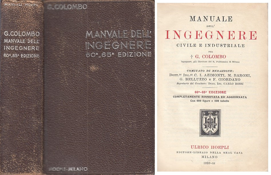LZ- MANUALE INGEGNERE CIVILE INDUSTRIALE- COLOMBO - HOEPLI --- 1933 - C - ZFS251