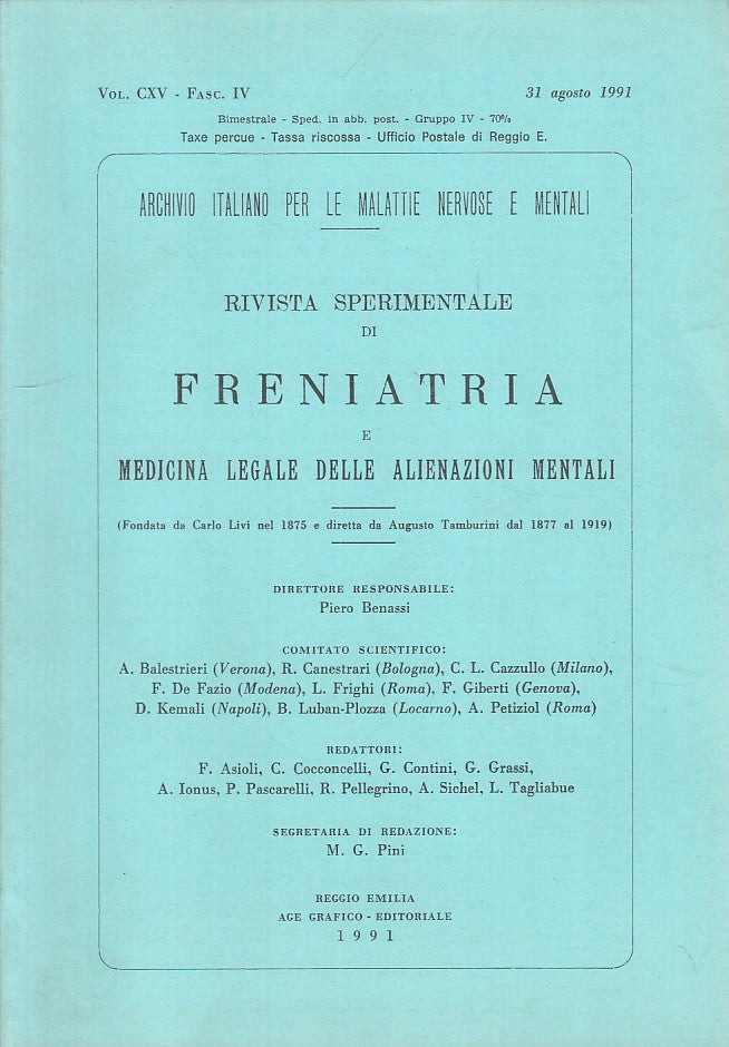 LZ- FRENIATRIA MEDICINA LEGALE VOL.CXV FASC.IV-- REGGIO EMILIA--- 1991- B- YFS42