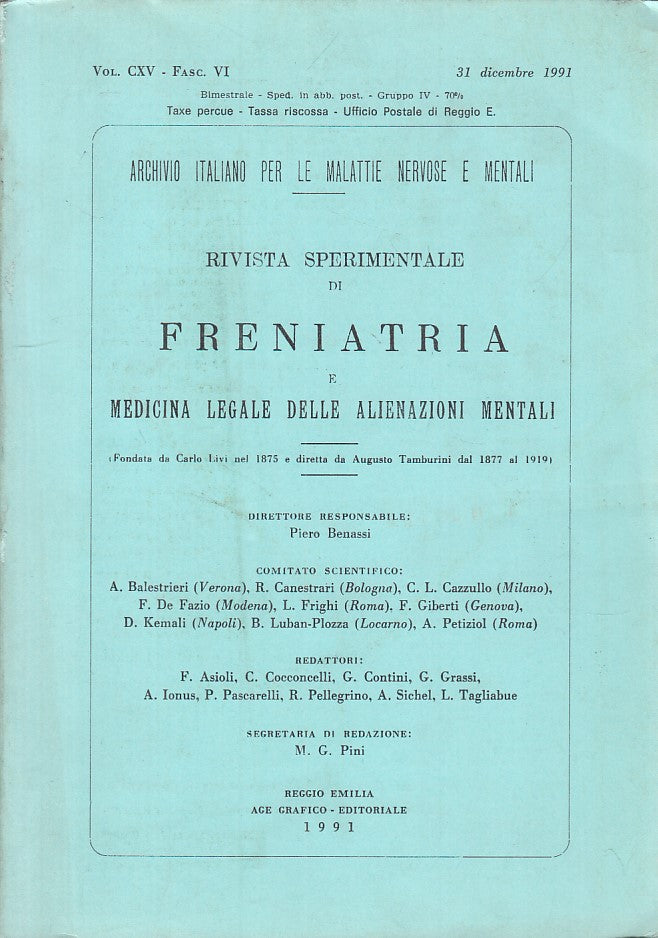 LZ- FRENIATRIA MEDICINA LEGALE VOL.CXV FASC.VI-- REGGIO EMILIA--- 1991- B- YFS40