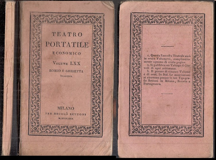 LN- TEATRO PORTATILE ECONOMICO VOLUME LXX ROMEO E GIULIETTA----- 1830- B- XFS105