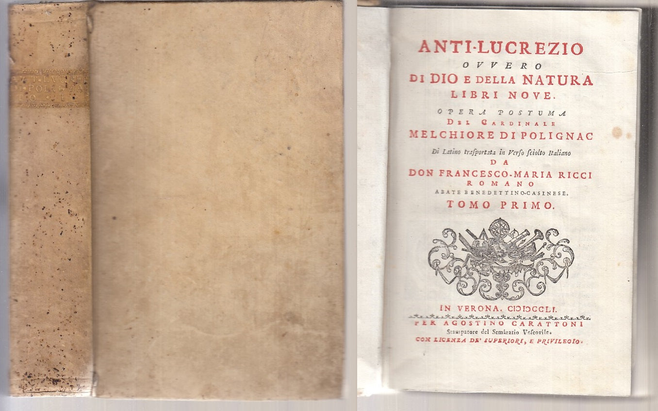 LH- ANTI LUCREZIO TOMO PRIMO SETTECENTINA- POLIGNAC- CARATTONI--- 1751- C-XFS97