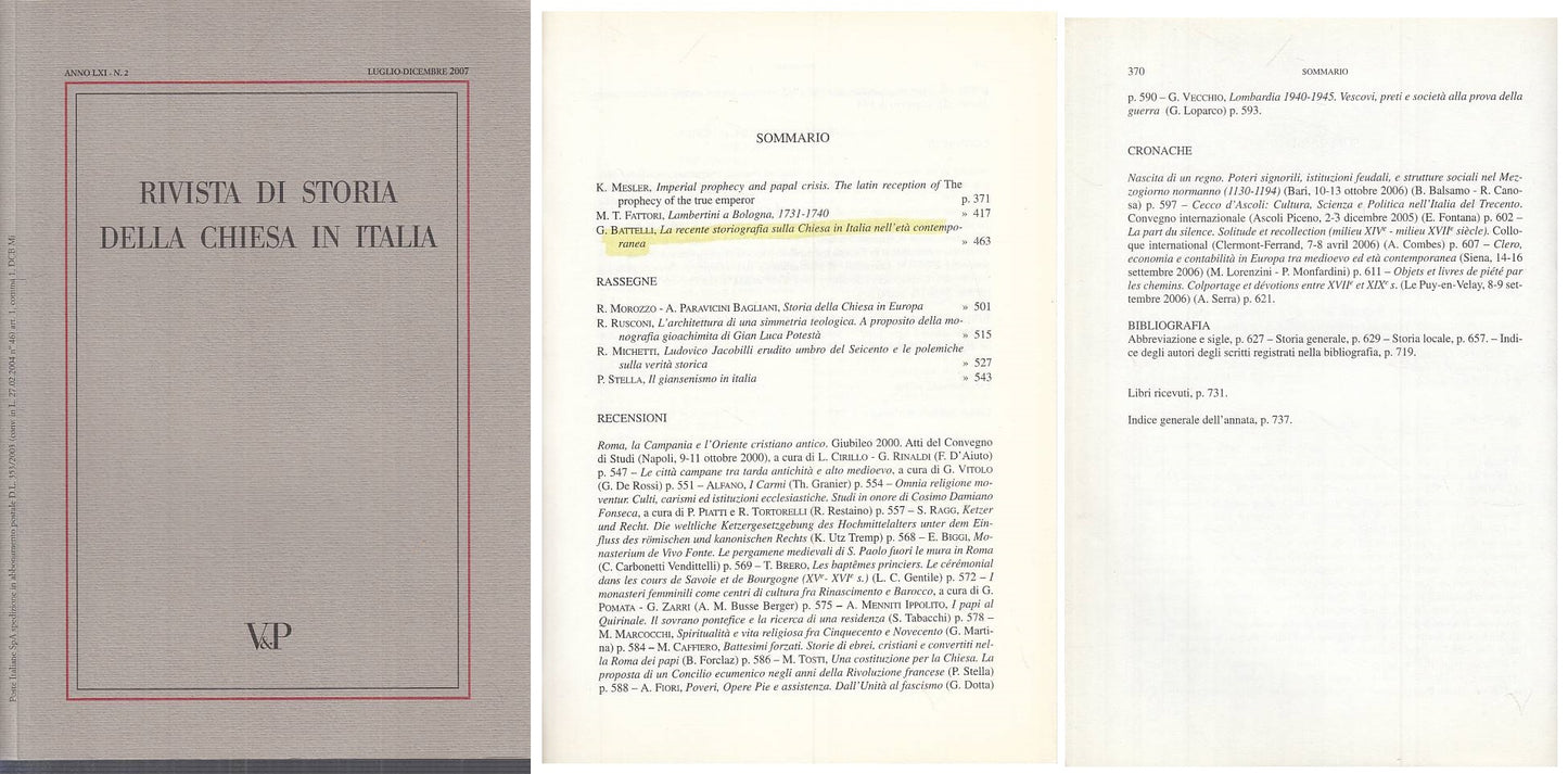 LS- RIVISTA DI STORIA DELLA CHIESA IN ITALIA N.2 -- VP --- 2007 - B - ZTS261