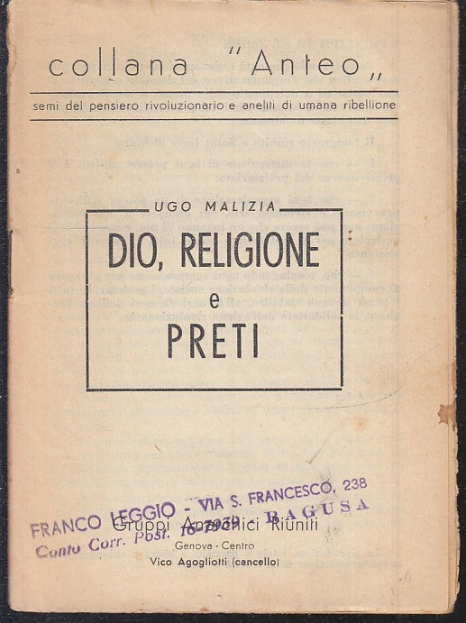 LD- DIO RELIGIONI E PRETI - UGO MALIZIA -- COLLANA ANTEO --- S- ZFS129