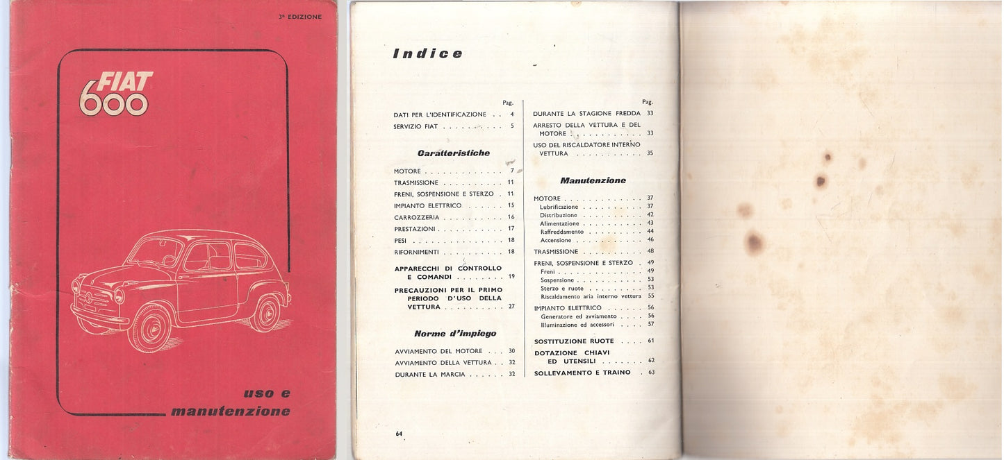 LZ- MANUALE USO E MANUTENZIONE FIAT 600 ---- 3a EDIZIONE - 1955 - S - XTS