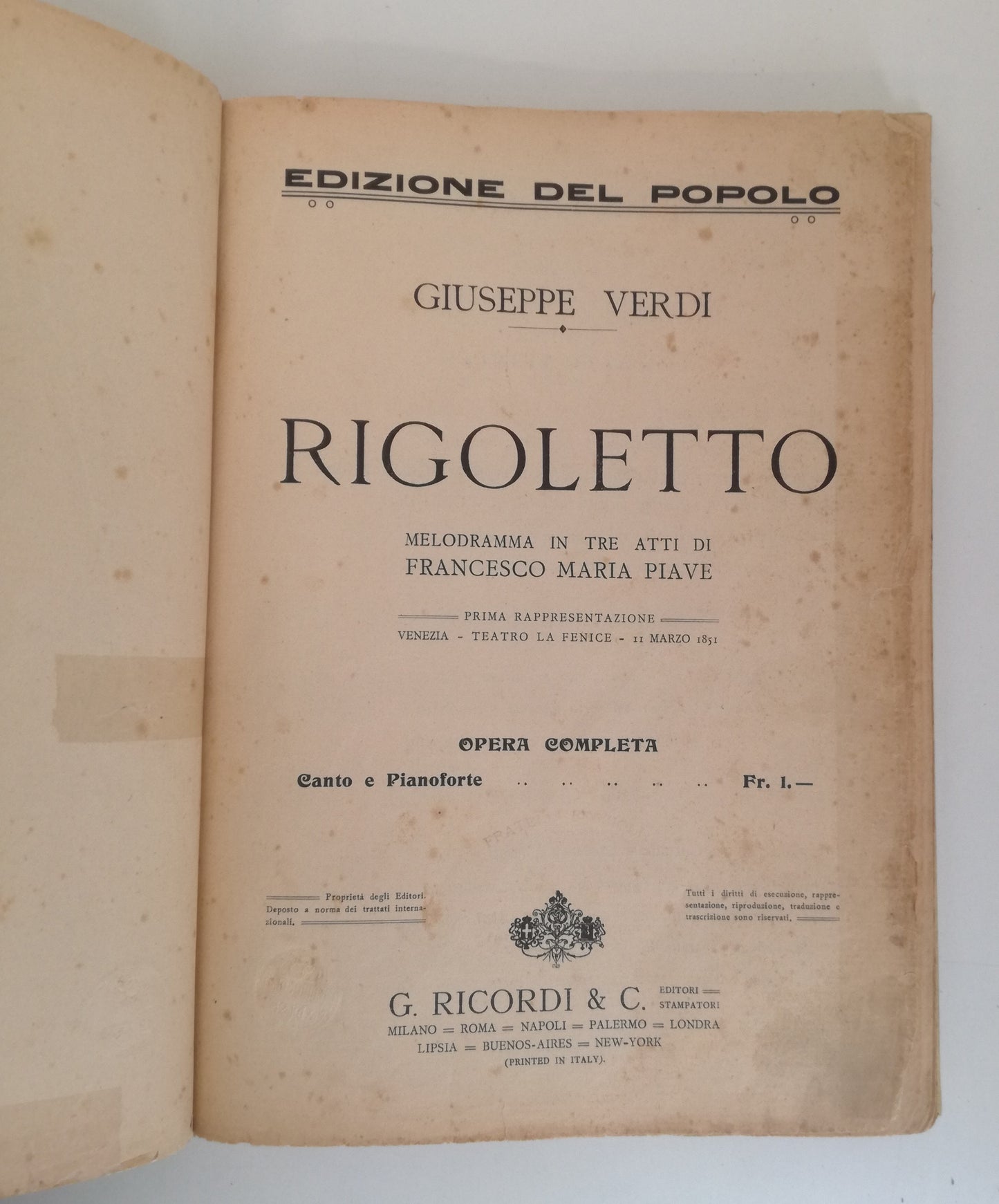 LT- SPARTITO RIGOLETTO CANTO E PIANOFORTE - GIUSEPPE VERDI - RICORDI ---- C- WPR