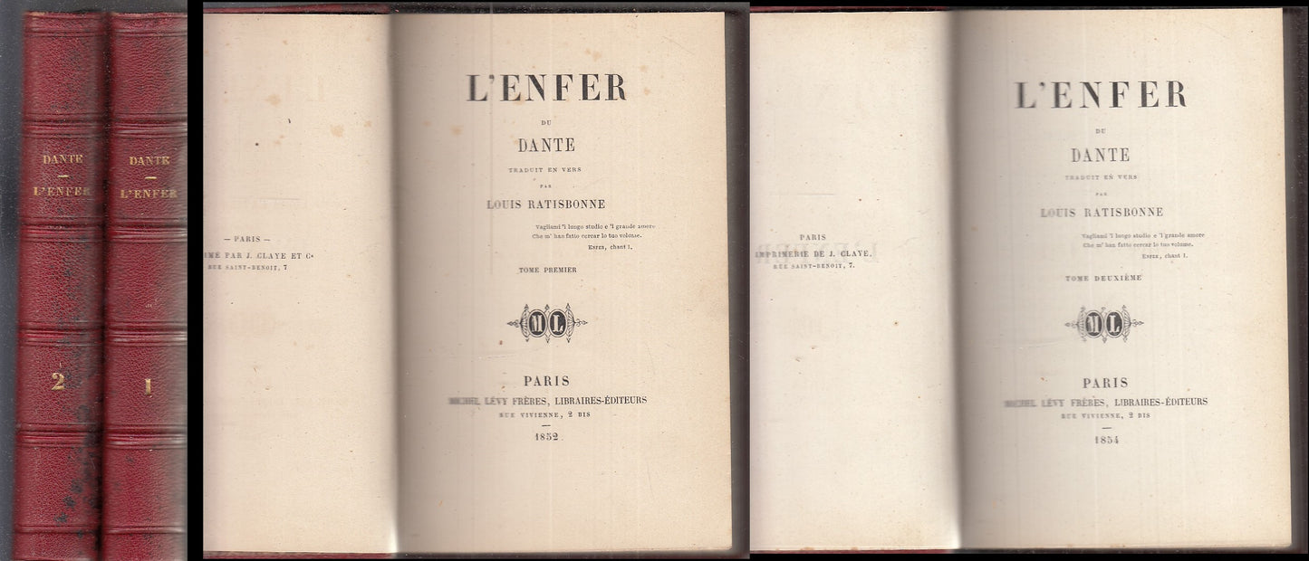 L'ENFER 2 VOLUMI FRANCESE- DANTE ALIGHIERI- MICHEL LEVY FRERES- 1852- C- XFS