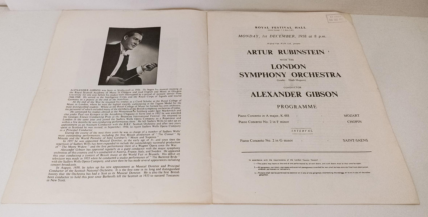 LR- BROCHURE ARTUR RUBINSTEIN LONDON SYMPHONY ORCHESTRA ALEXANDER GIBSON-RVSa25