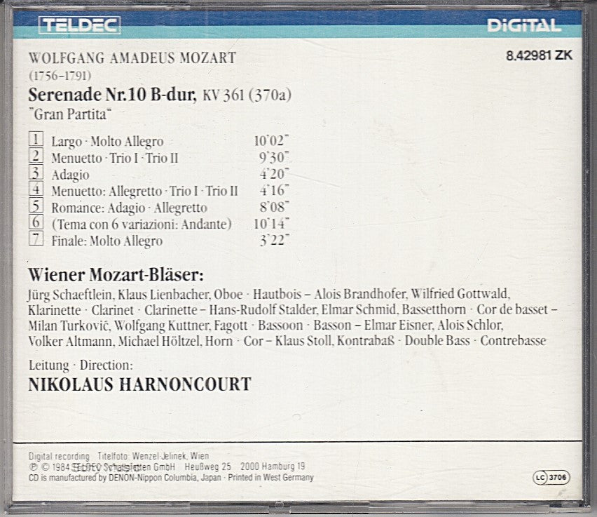 MCD- CD MOZART GRAN PARTITA MOZART-BLAESER HARNONCOURT TELDEC - ZCD6