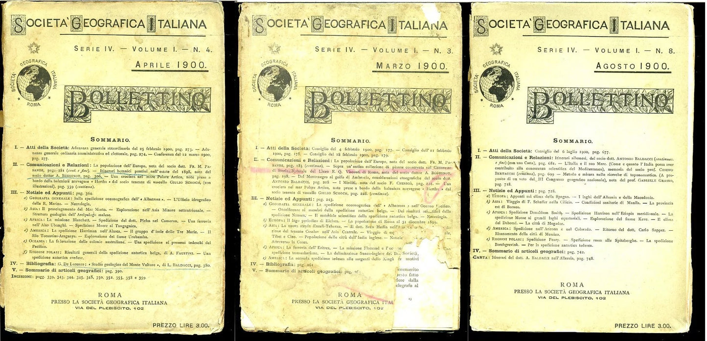 LR- BOLLETTINO REALE SOCIETA' GEOGRAFICA LOTTO 3 NUMERI 1900 - 3,4,8, - YFS975