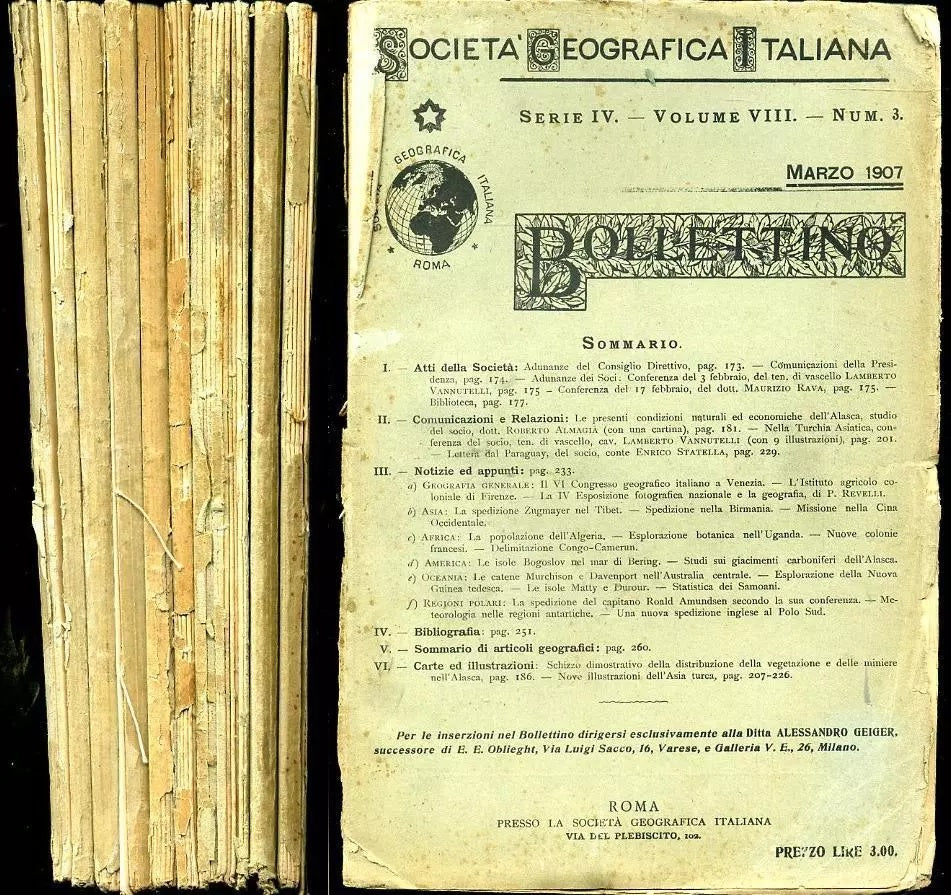 LR- BOLLETTINO REALE SOCIETA' GEOGRAFICA 3/12 ANNATA AVANZATA - 1907 - B- YFS974