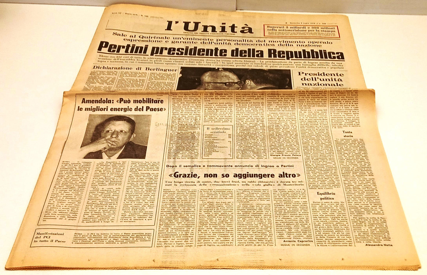 LR- QUOTIDIANO L'UNITA' DOMENICA 9 LUGLIO 1978 PERTINI PRESIDENTE - RVSh35