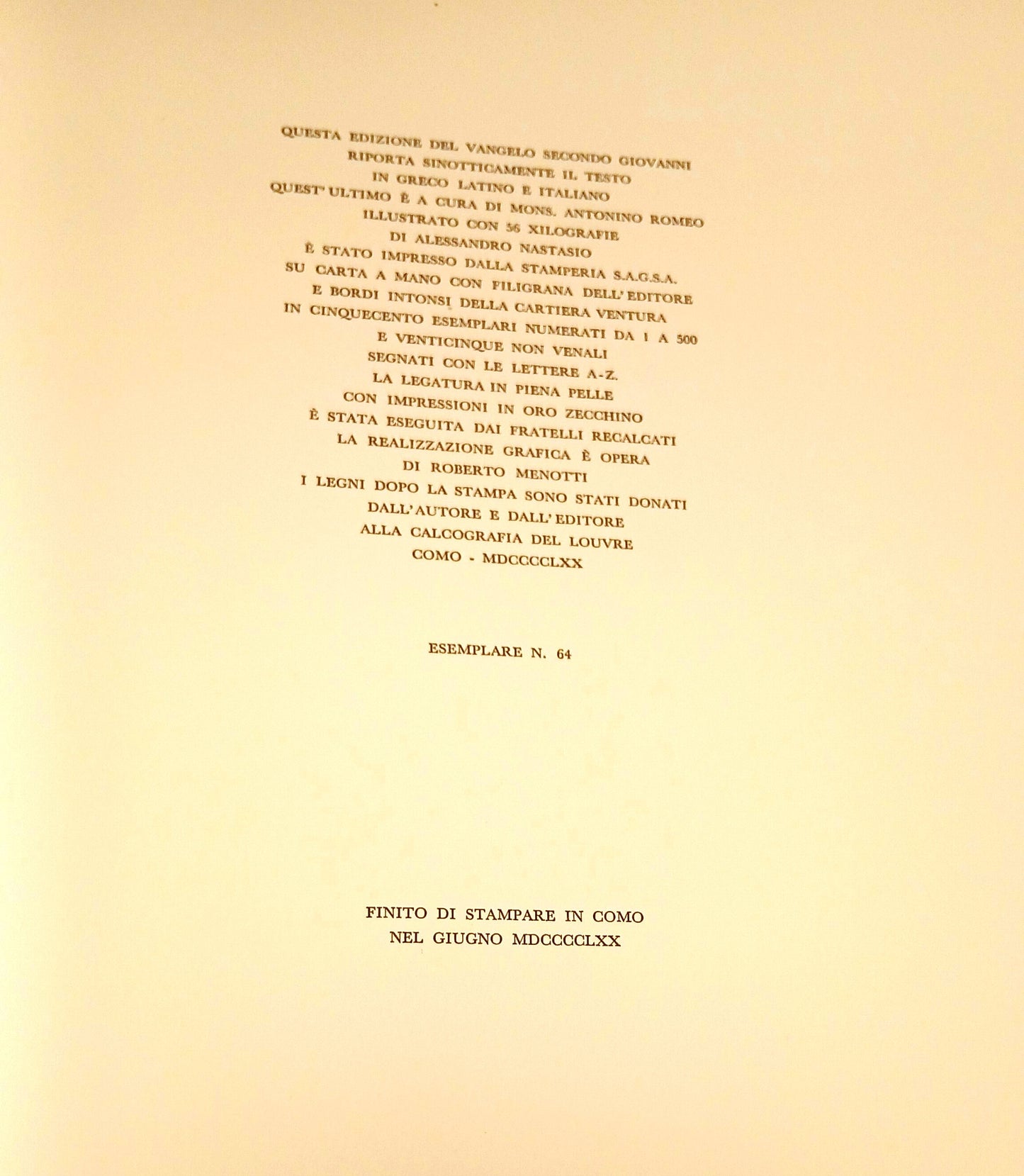 LT- IL VANGELO SECONDO GIOVANNI XILOGRAFIE- ROMEO NASTASIO- MARZORATI- 1970- ZFS