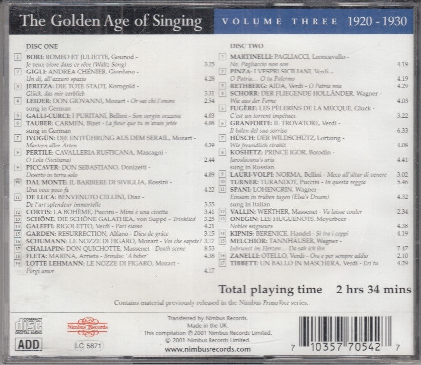 MCD- CD THE GOLDEN AGE OF SINGING VOLUME THREE 1920-1930 NIMBUS- ZCD1