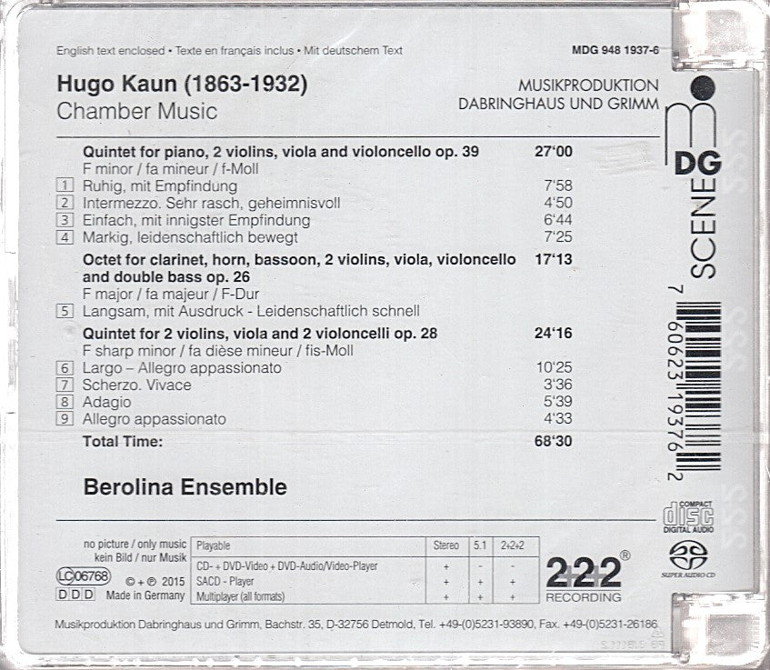 MCD- CD HUGO KAUN CHAMBER MUSIC BEROLINA ENSEMBLE MDG BLISTER - ZCD11