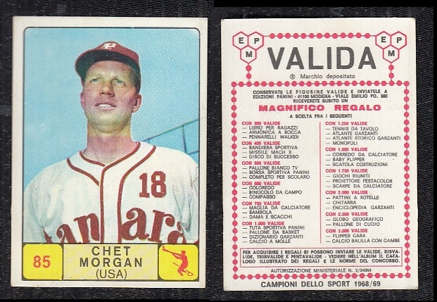 BASEBALL CARD - PANINI - CAMPIONI SPORT 1968/69 - CHET MORGAN - 85 - MINT VALIDA
