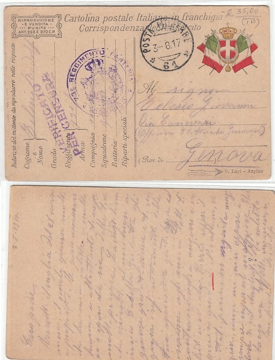 CC- CORRISPONDENZA IN FRANCHIGIA POSTA MILITARE 61 73° REGG. FANTERIA - CRT2328
