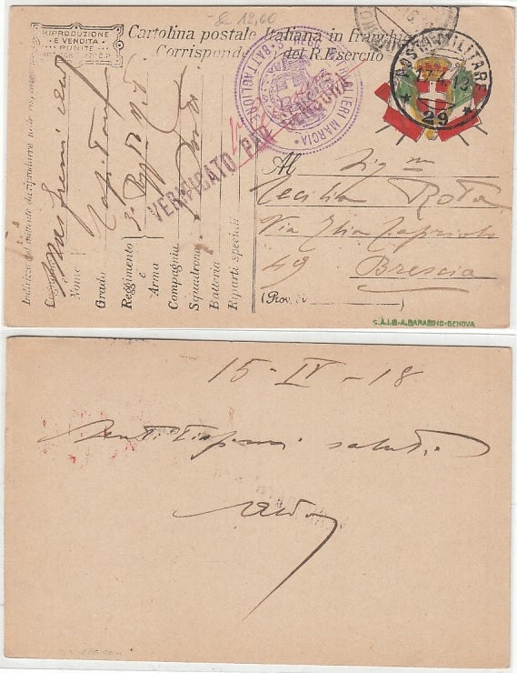 CC- CORRISPONDENZA IN FRANCHIGIA POSTA MILITARE 29 3° REGG. MITRAGLIERI- CRT2362